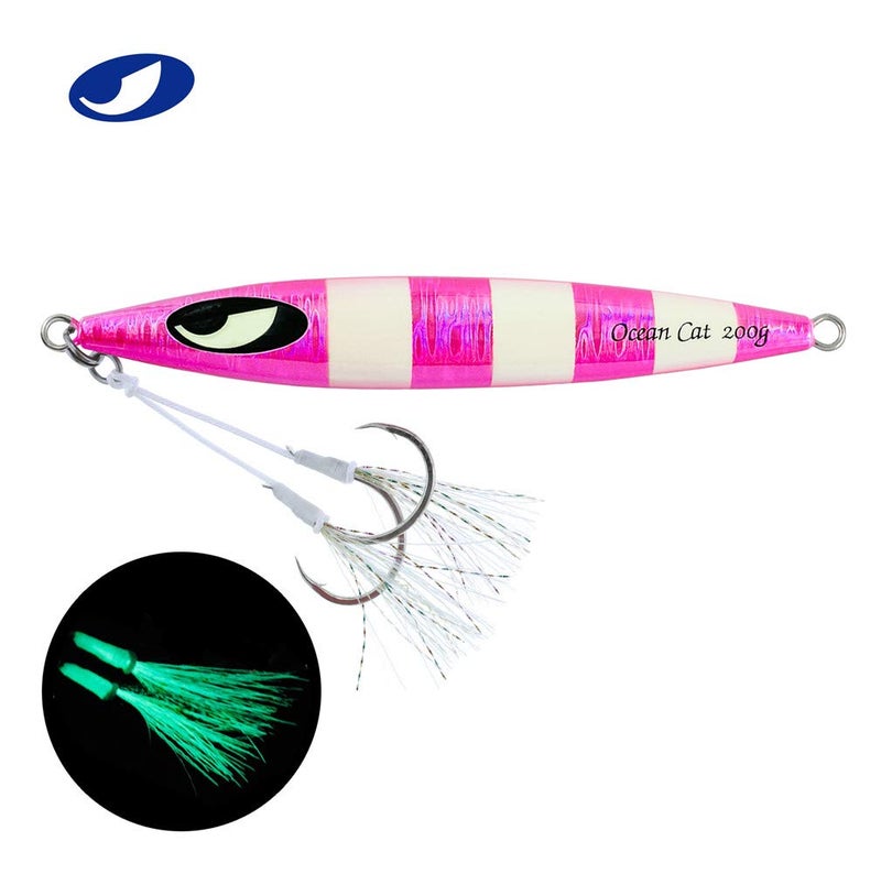 OCEAN CAT Slow Pitch Jig Flat Fall Jigs Saltwater Fishing Jig Vertical Baits with Glow Jig Hooks 60g/80g/150g/200g/250g 240lb (#010: Pink, 200g) - Image 2